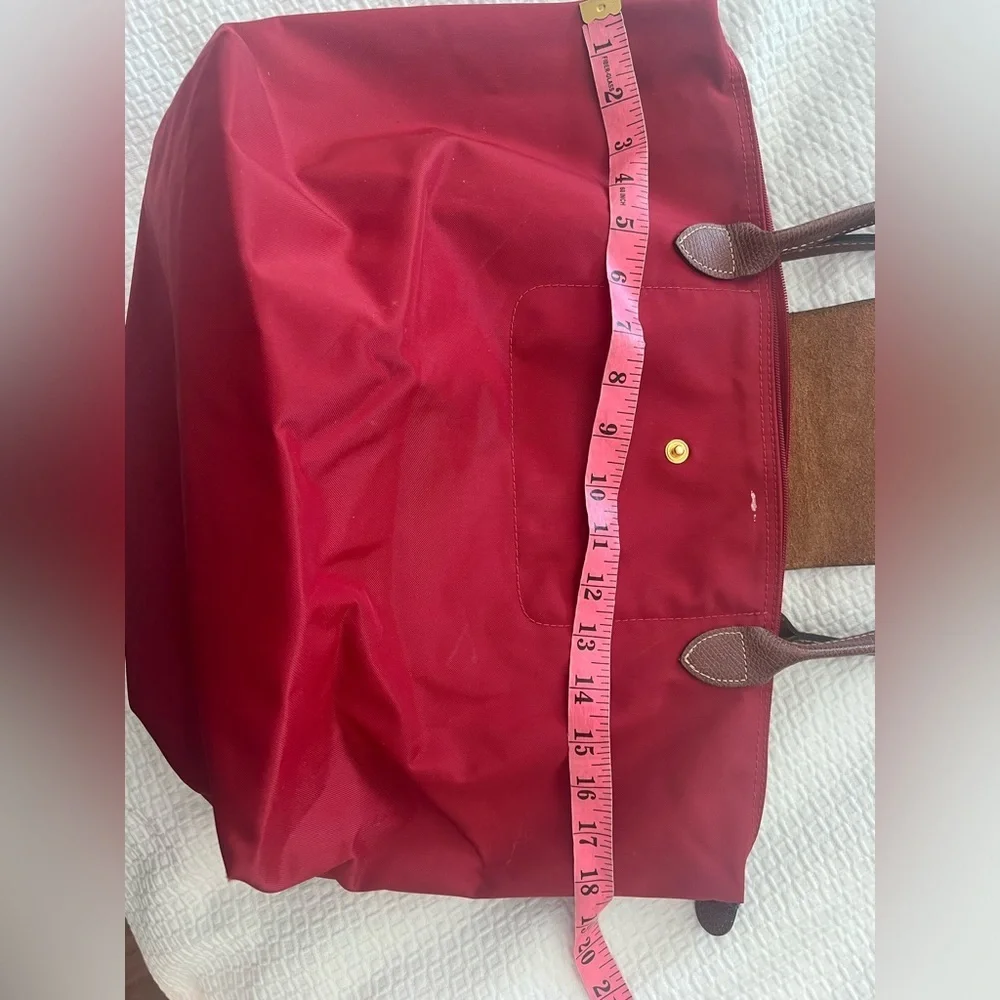 Longchamp Nylon Tote in Red with Brown Trim